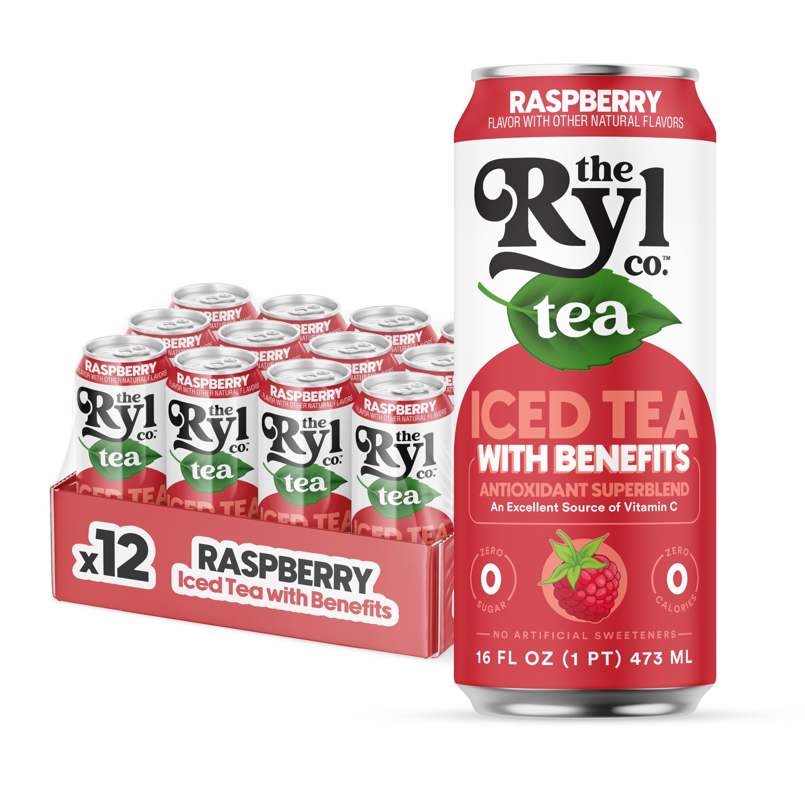 The Ryl Co Raspberry Iced Tea can highlights natural zero sugar taste