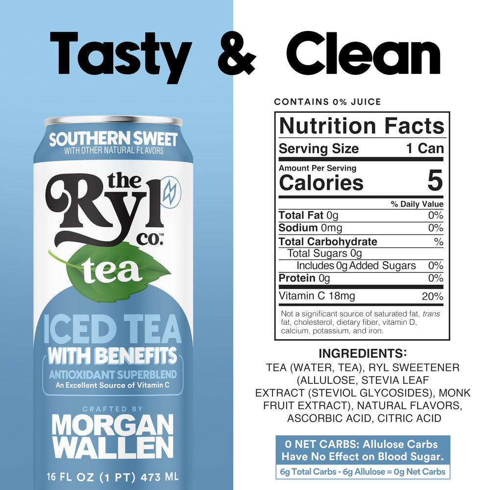 Ryl Co iced tea can closeup highlights monk fruit sweetness and Vitamin C boost.
