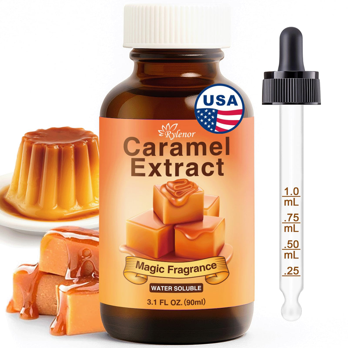 Rylenor caramel extract bottle with dropper offers precise flavoring