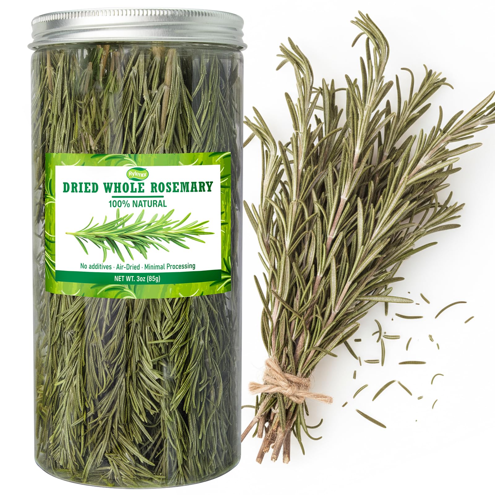 Rylenor dried rosemary sprigs in a 3oz pack with vibrant aroma, ideal for roasting
