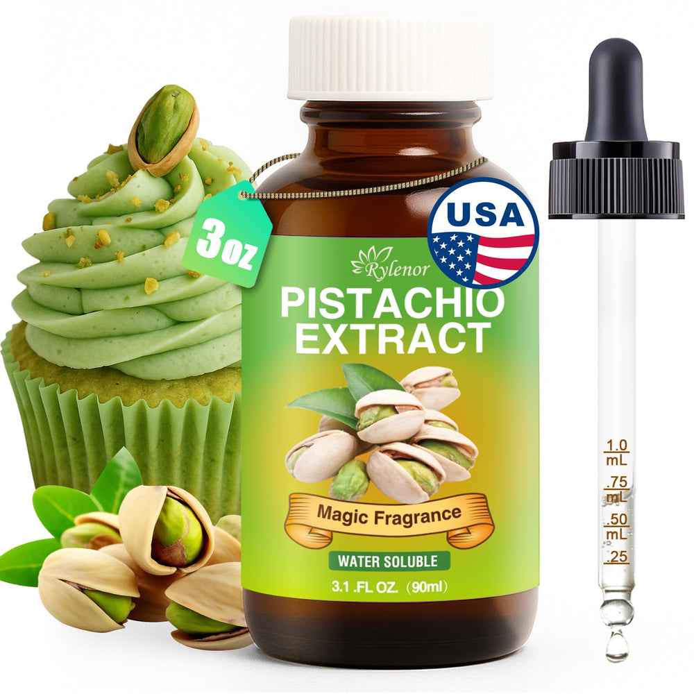 Rylenor Pistachio Extract bottle with dropper for precise flavoring in desserts.