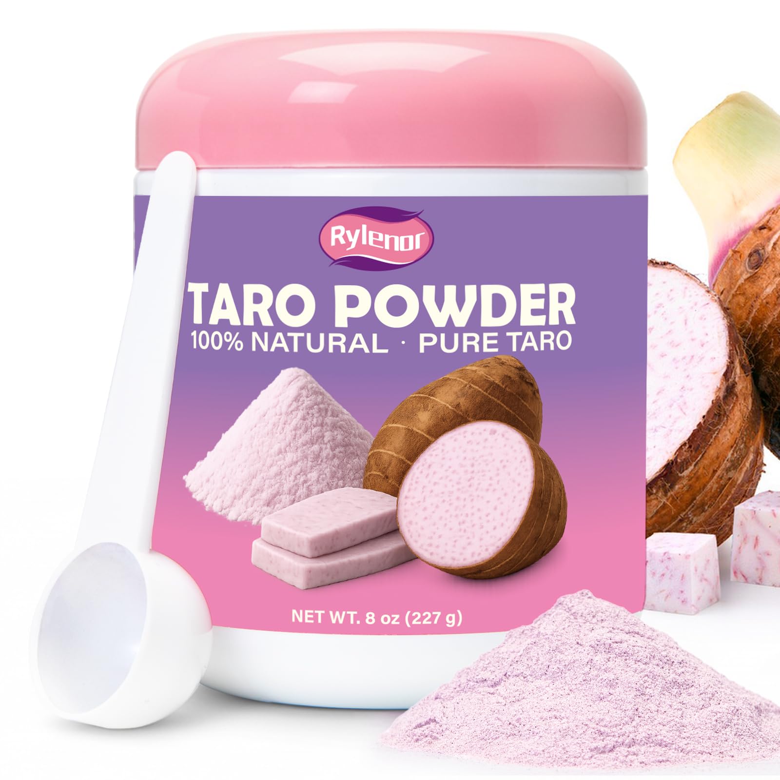 Rylenor taro powder jar with reseal cap preserves freshness for easy daily use.