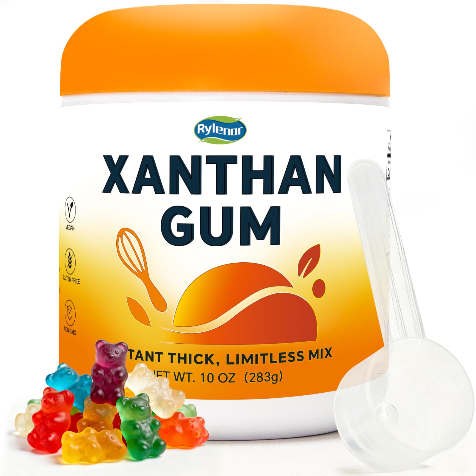 Rylenor xanthan gum powder jar for gluten-free baking and smooth textures.