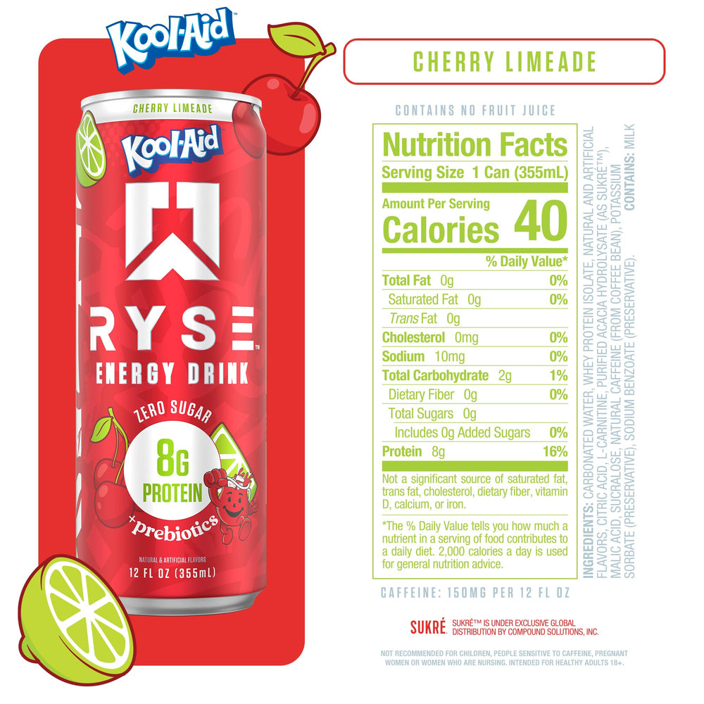 RYSE Kool-Aid Cherry Limeade can shows 150mg caffeine for steady focus.