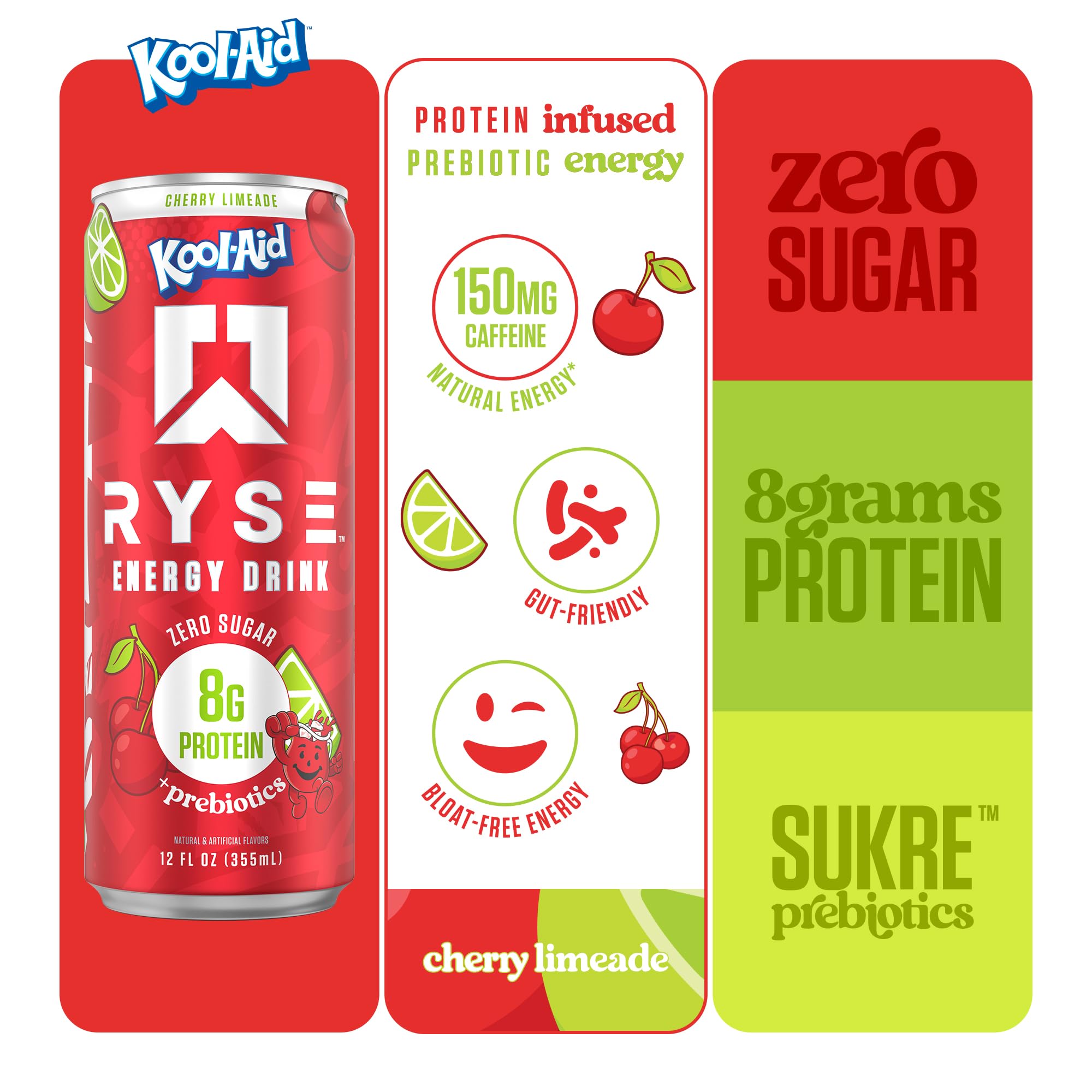 RYSE energy drink can highlights 8g protein for workout recovery.