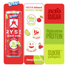RYSE energy drink can highlights 8g protein for workout recovery.