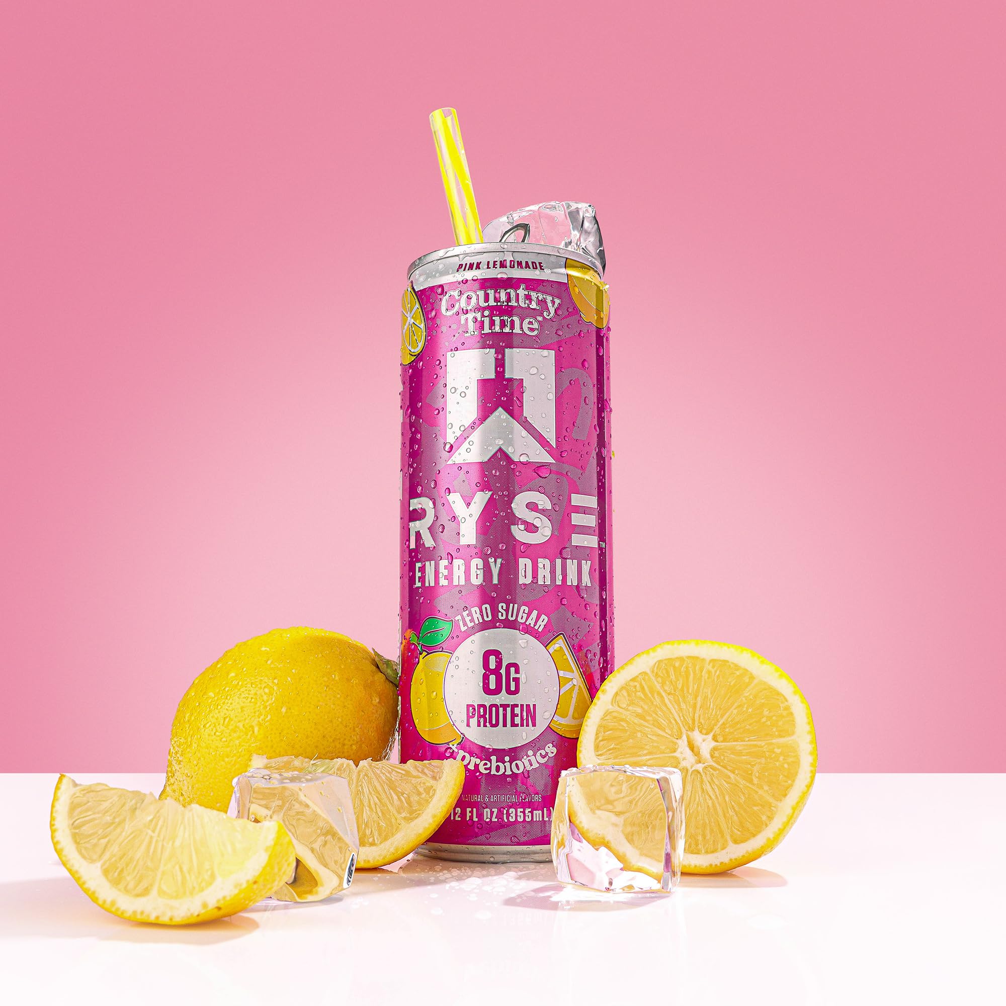 RYSE brand logo close-up on pink lemonade can