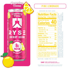RYSE Pink Lemonade can back highlights caffeine and sugar-free formula