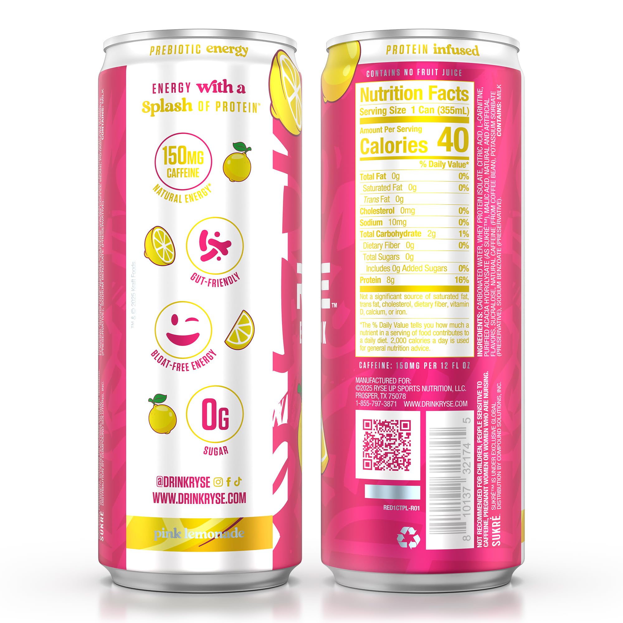 Glass with can of RYSE Pink Lemonade, illustrating on-the-go energy