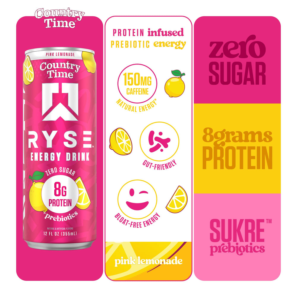 Pouring RYSE Pink Lemonade into a glass, showcasing refreshing taste