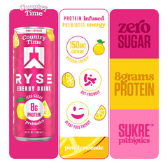 Pouring RYSE Pink Lemonade into a glass, showcasing refreshing taste