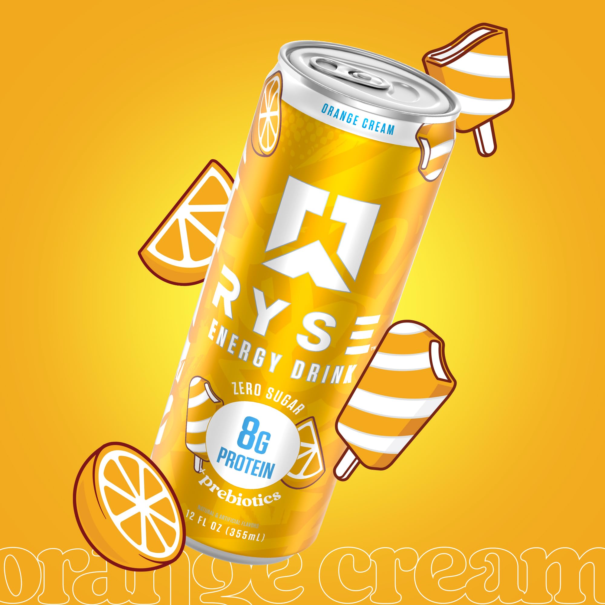 RYSE Energy Orange Cream 12-pack carton showing value and on-the-go nutrition
