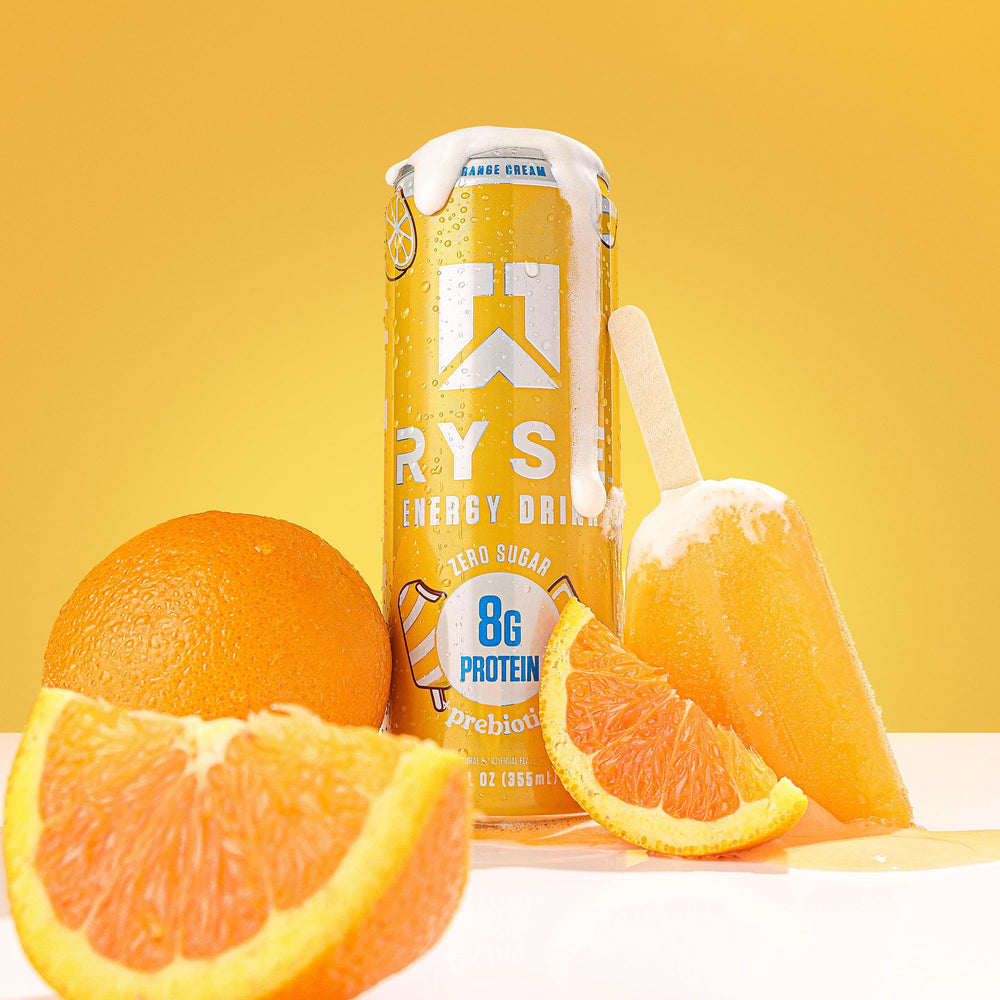 RYSE Energy Orange Cream glass with ice illustrating refreshing, gut-friendly hydration