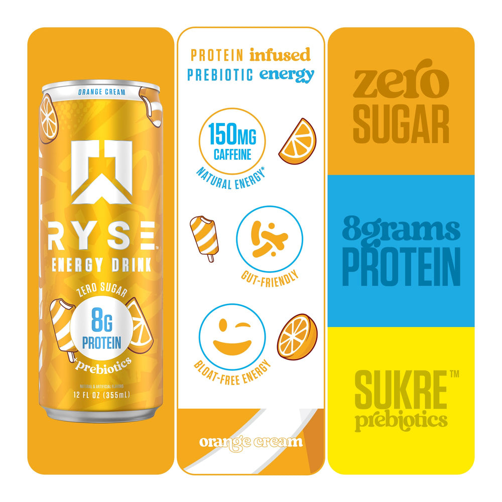RYSE Energy Orange Cream ingredients panel showing caffeine per can