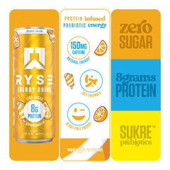 RYSE Energy Orange Cream ingredients panel showing caffeine per can