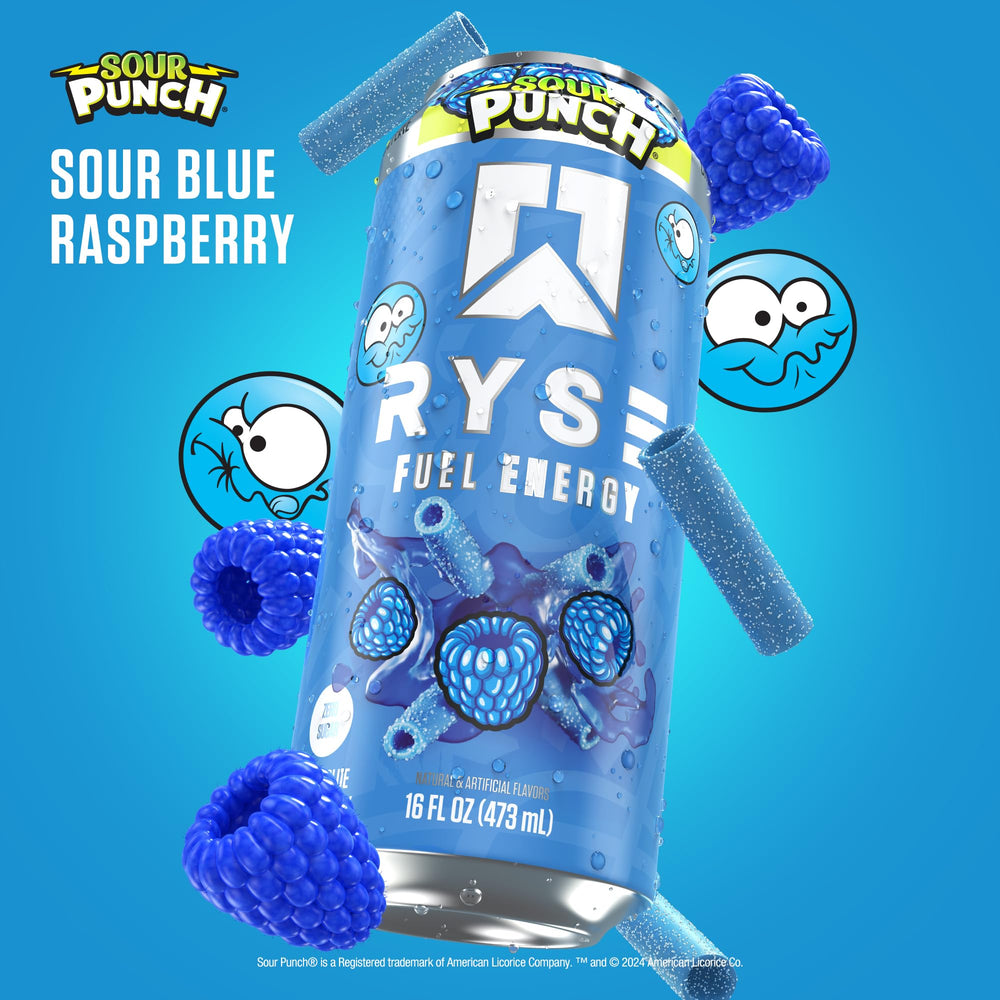 RYSE Fuel can close-up shows blue raspberry flavor for crisp energy.