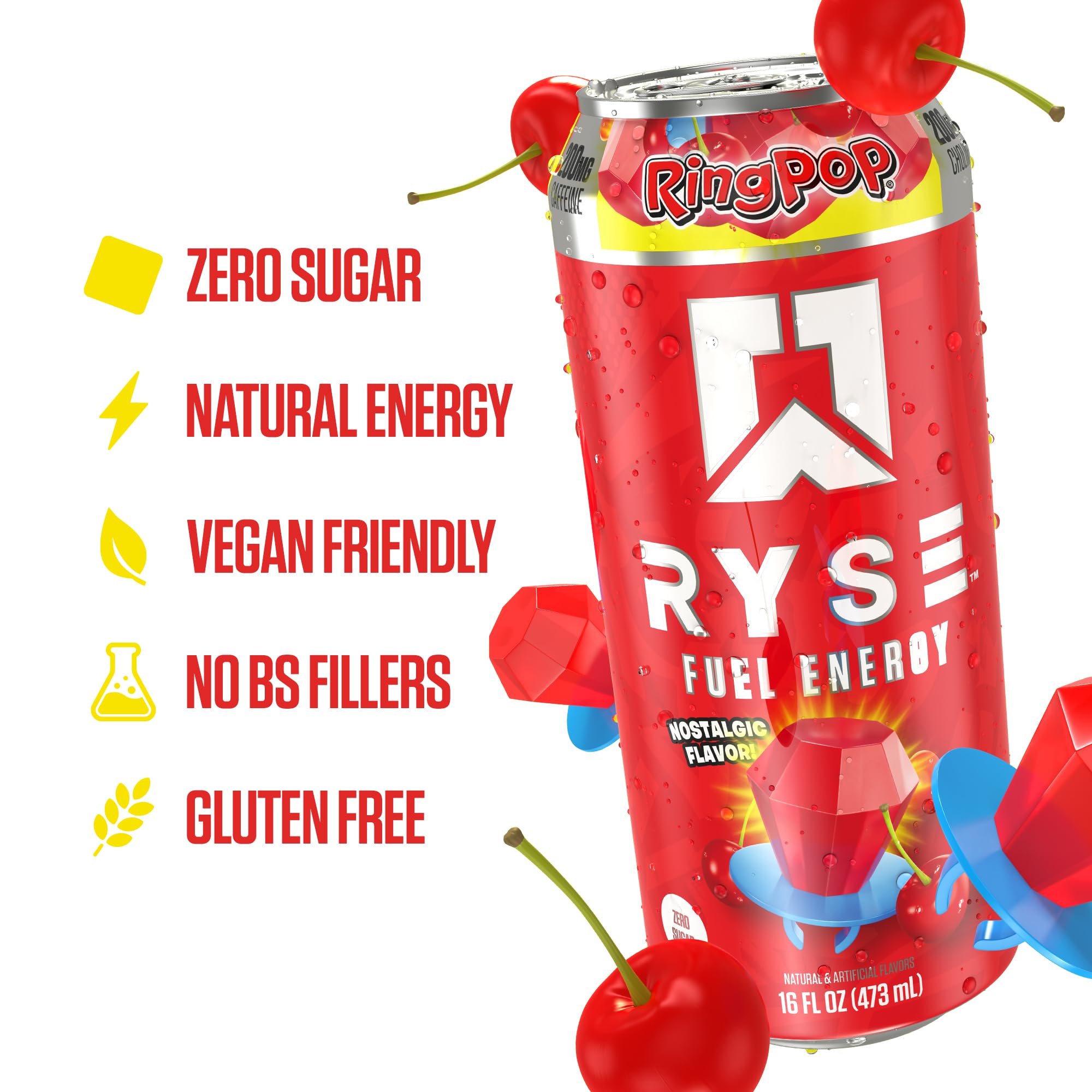 RYSE Fuel energy cans stacked in a 12-pack for on-the-go energy.