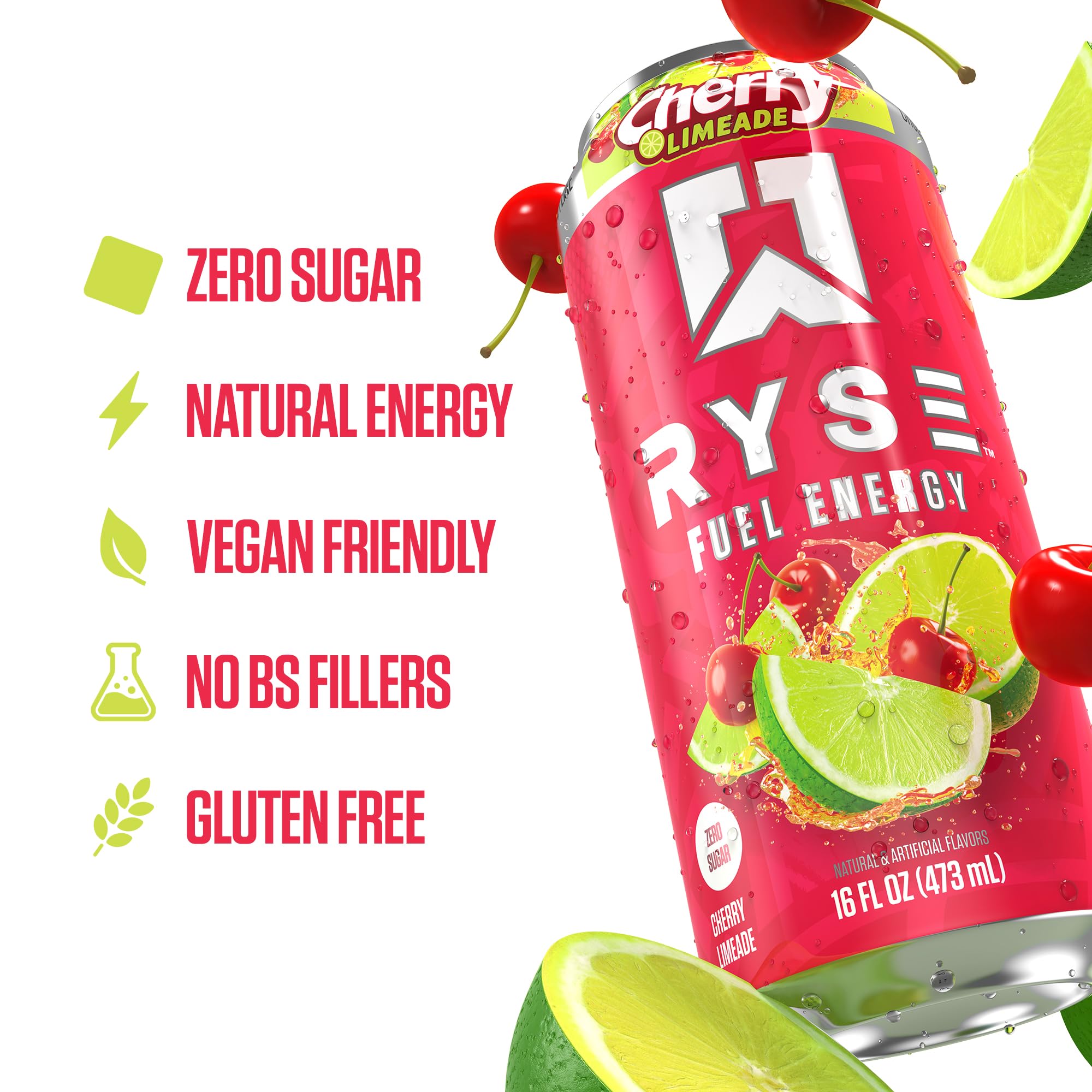 12-pack display of RYSE Fuel Cherry Limeade energy drinks