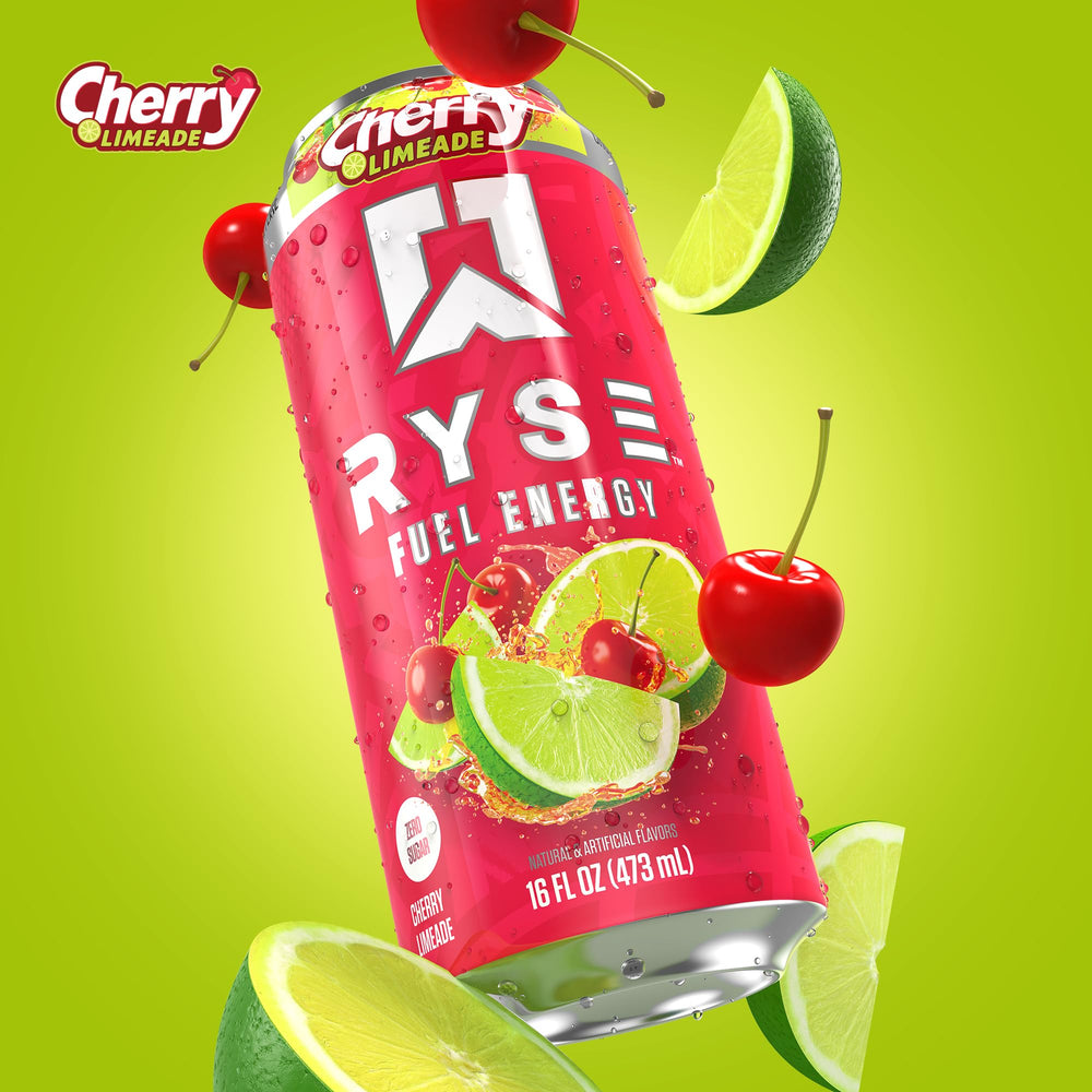 Close-up of RYSE Fuel Cherry Limeade label showing no sugar