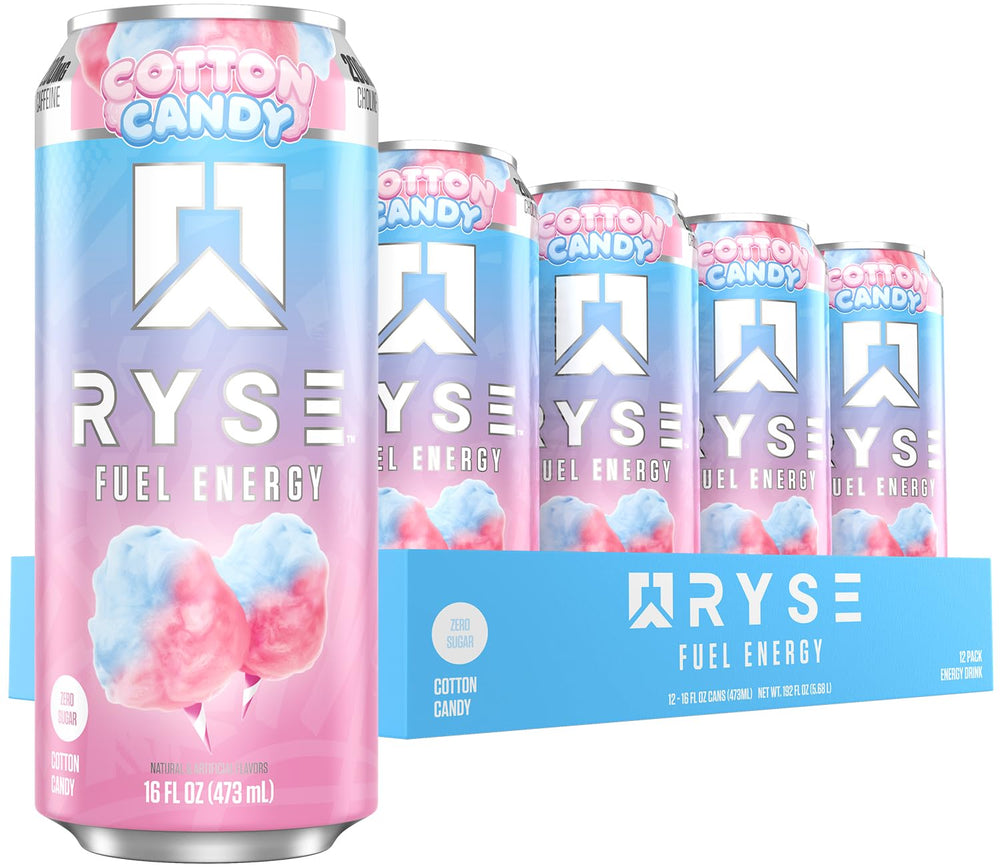 RYSE Fuel Cotton Candy energy drink can shows zero sugar and vegan formula for focus.
