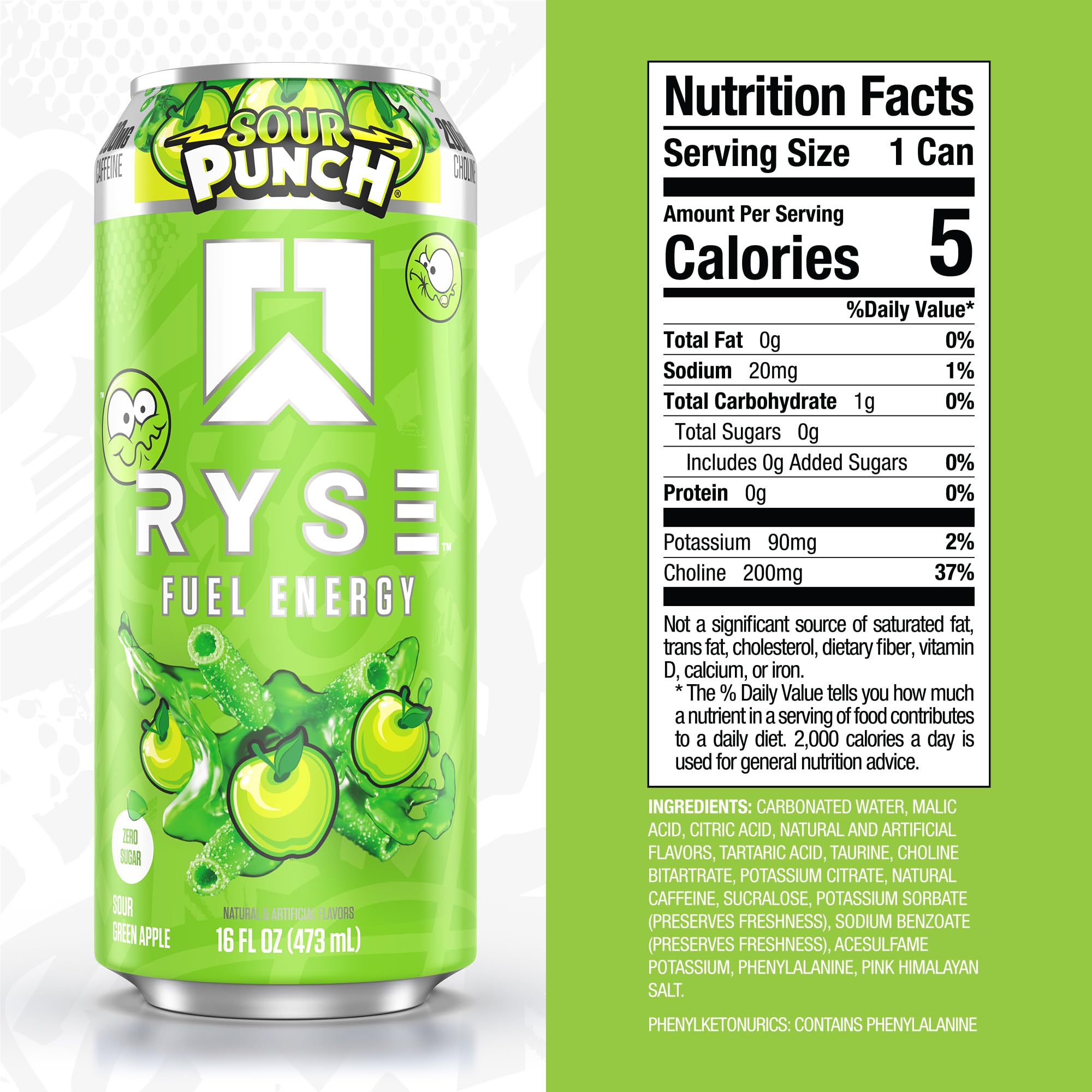 RYSE Fuel Energy Drink front label closeup showing vegan, gluten-free formula.