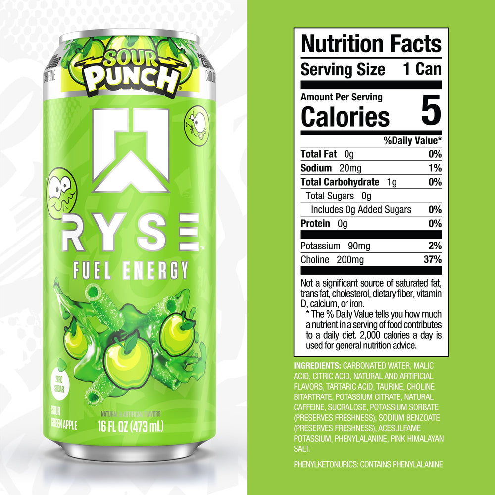 RYSE Fuel Energy Drink front label closeup showing vegan, gluten-free formula.