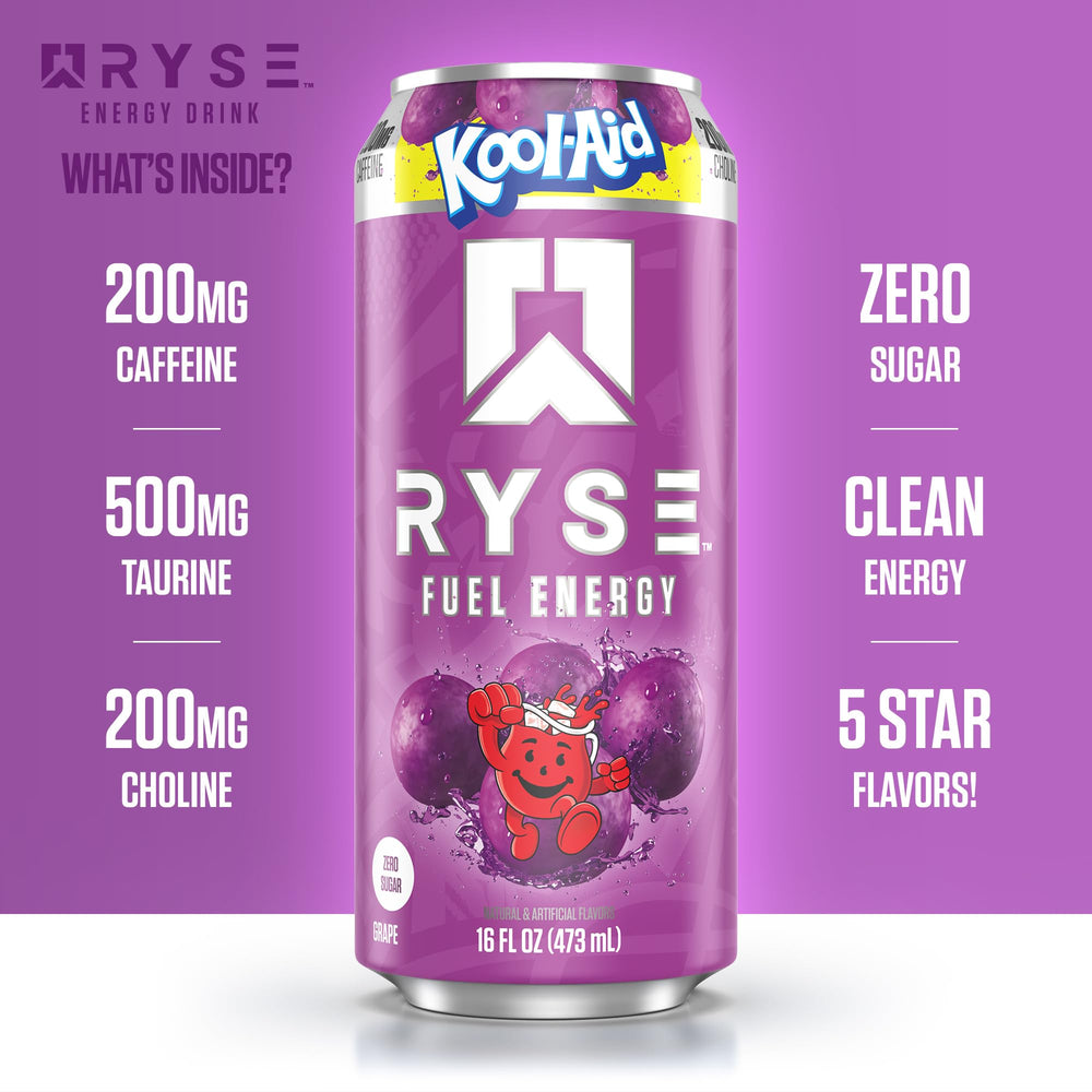 RYSE Fuel Kool-Aid Grape caffeine content displayed on can