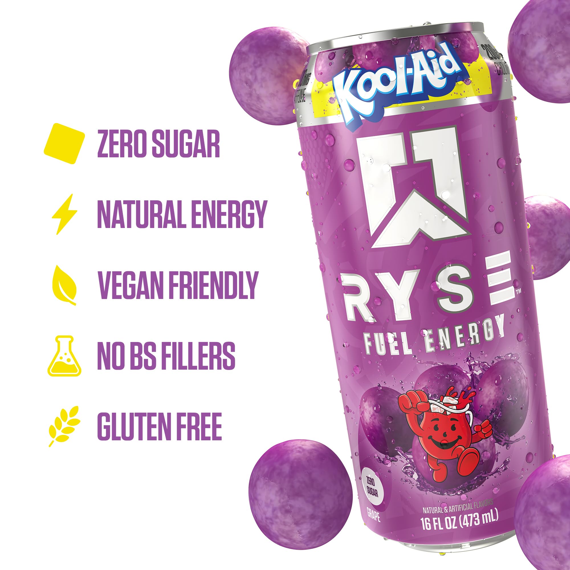 RYSE Fuel Kool-Aid Grape can being poured to reveal grape flavor