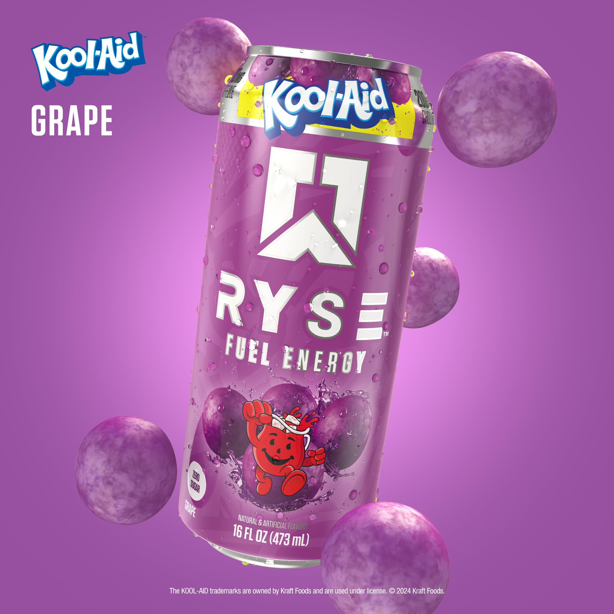 RYSE Fuel Kool-Aid Grape nutrition label highlights caffeine and vegan formula