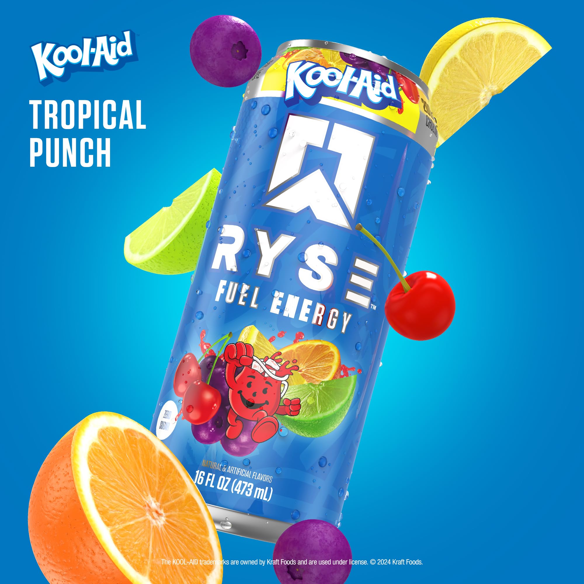 RYSE Fuel Kool-Aid Tropical Punch close-up label highlights vegan gluten-free ingredients.