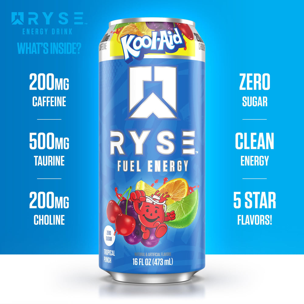 RYSE Fuel Kool-Aid Tropical Punch nutrition panel emphasizes clean energy ingredients.