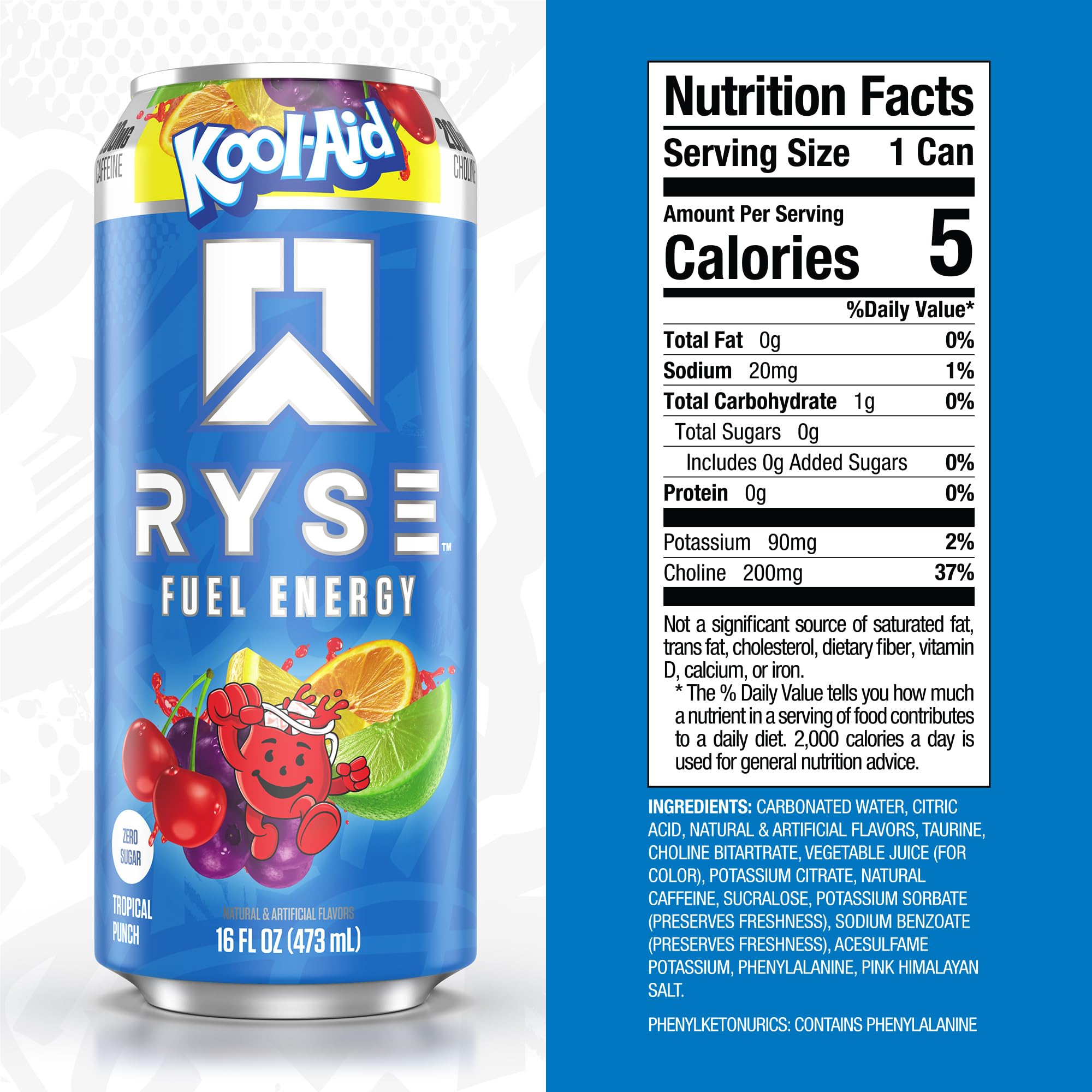 RYSE Fuel Kool-Aid Tropical Punch side view highlights sleek, sugar-free branding.