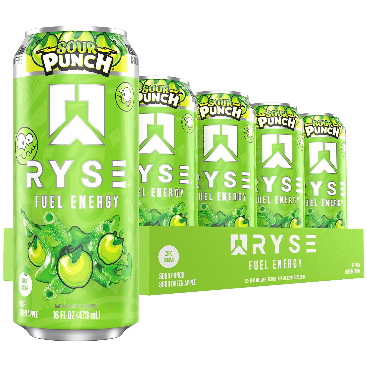 RYSE Fuel Energy Drink Sour Punch Green Apple can for sugar-free, on-the-go energy.