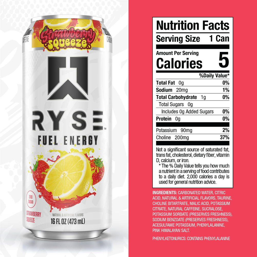 Close-up of RYSE Fuel Strawberry Squeeze can highlighting sugar-free energy