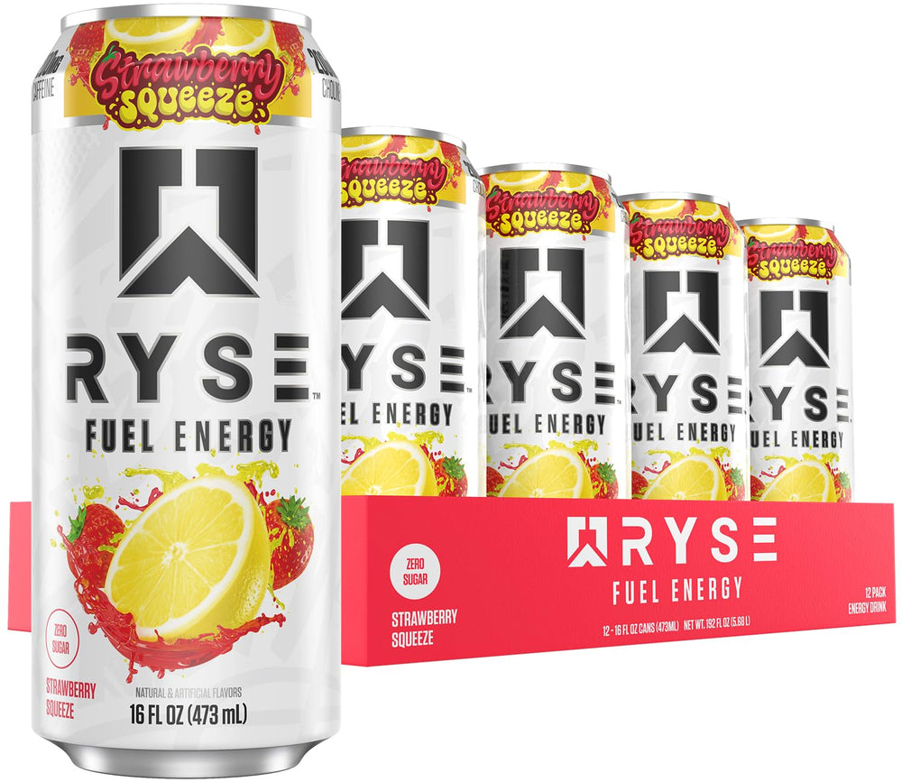 RYSE Fuel Strawberry Squeeze can showing vibrant design for clean energy on demand