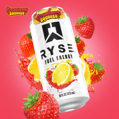 Cool glass with RYSE Fuel Strawberry Squeeze over ice for refreshment during workouts
