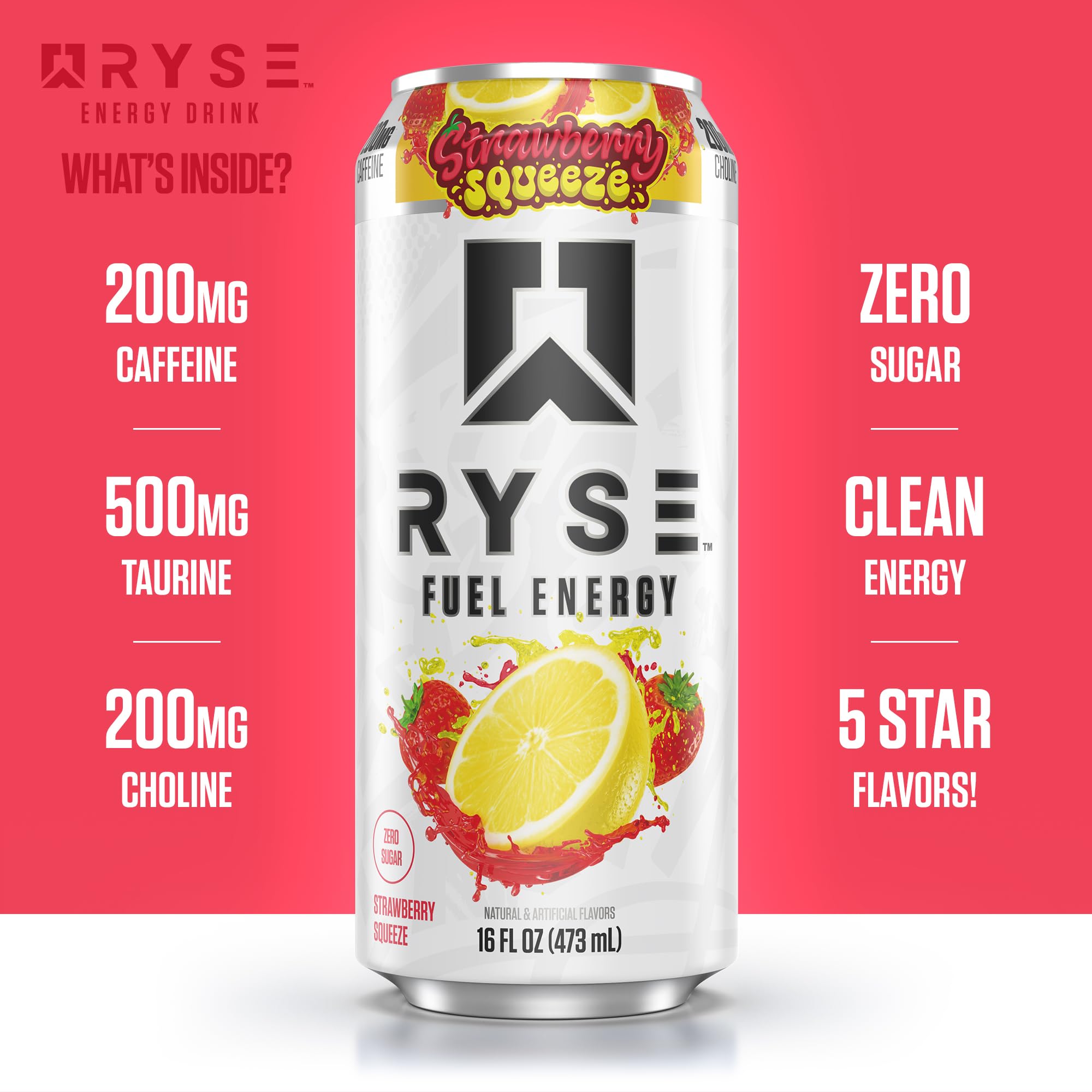 Illustration of ingredients in RYSE Fuel Strawberry Squeeze for focused energy