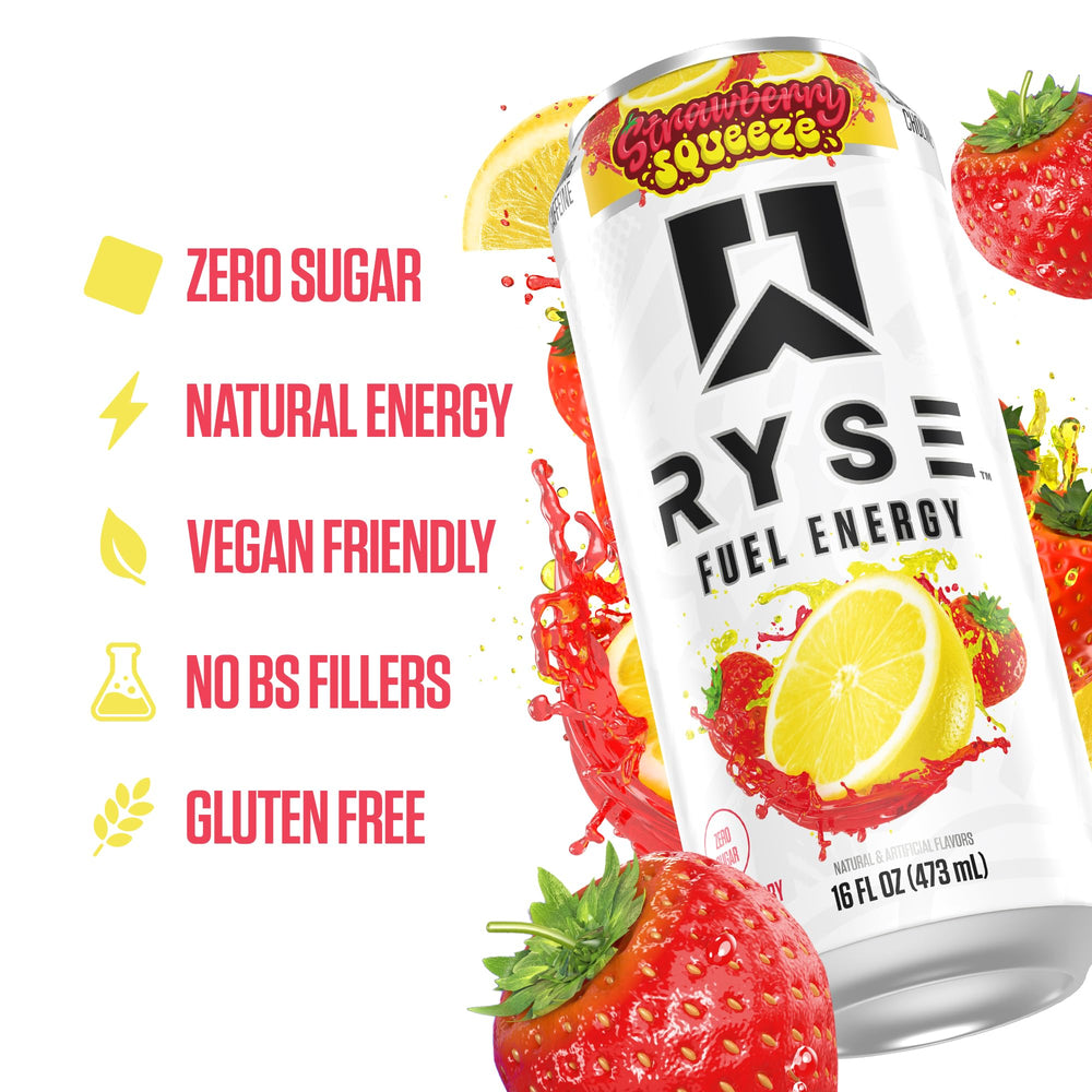 RYSE Fuel Strawberry Squeeze packaging emphasizing 12-pack convenience