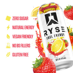 RYSE Fuel Strawberry Squeeze packaging emphasizing 12-pack convenience