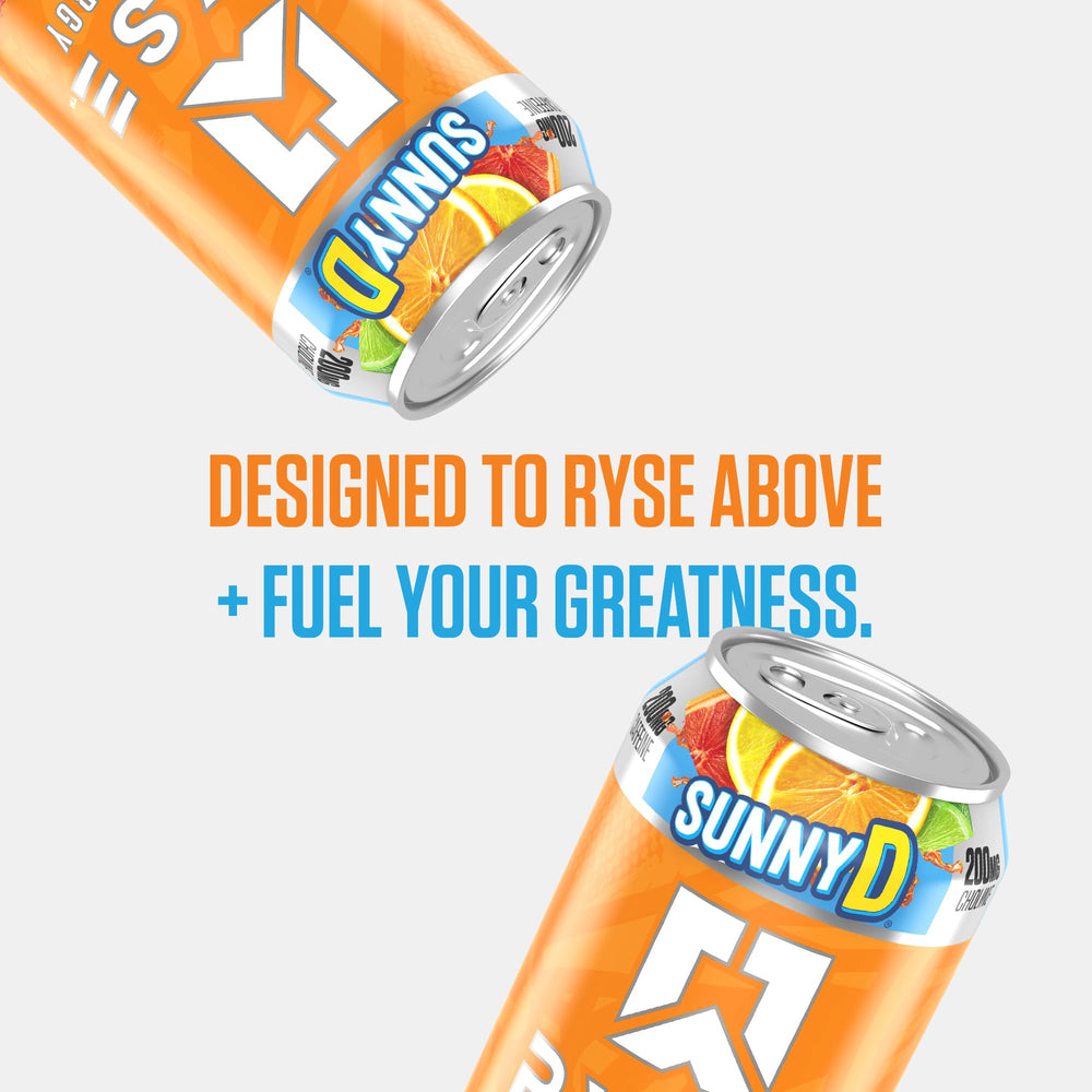 Closeup label of RYSE Fuel SunnyD Tangy Original shows caffeine and taurine blend