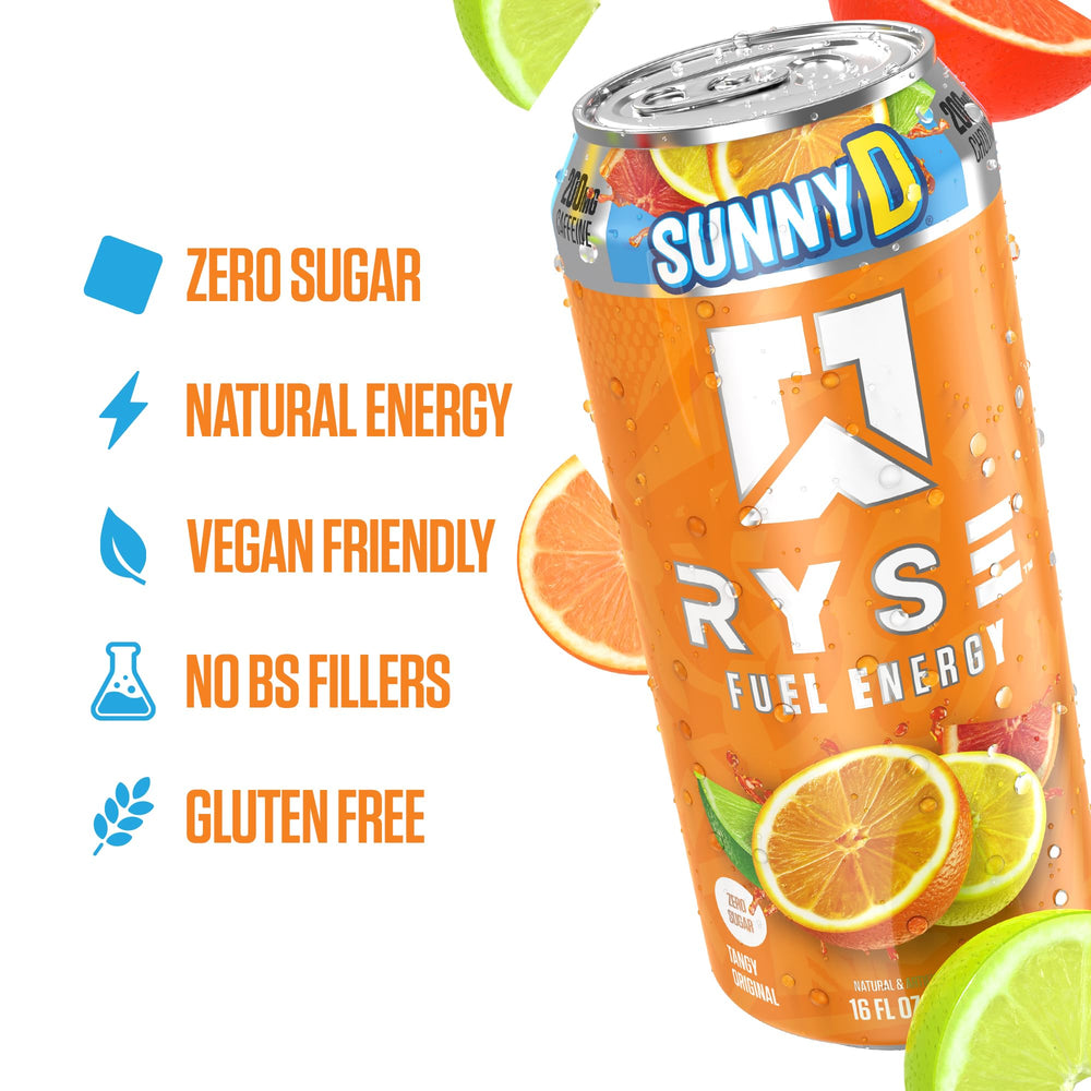 Glass with can of RYSE Fuel SunnyD Tangy Original on a desk for study