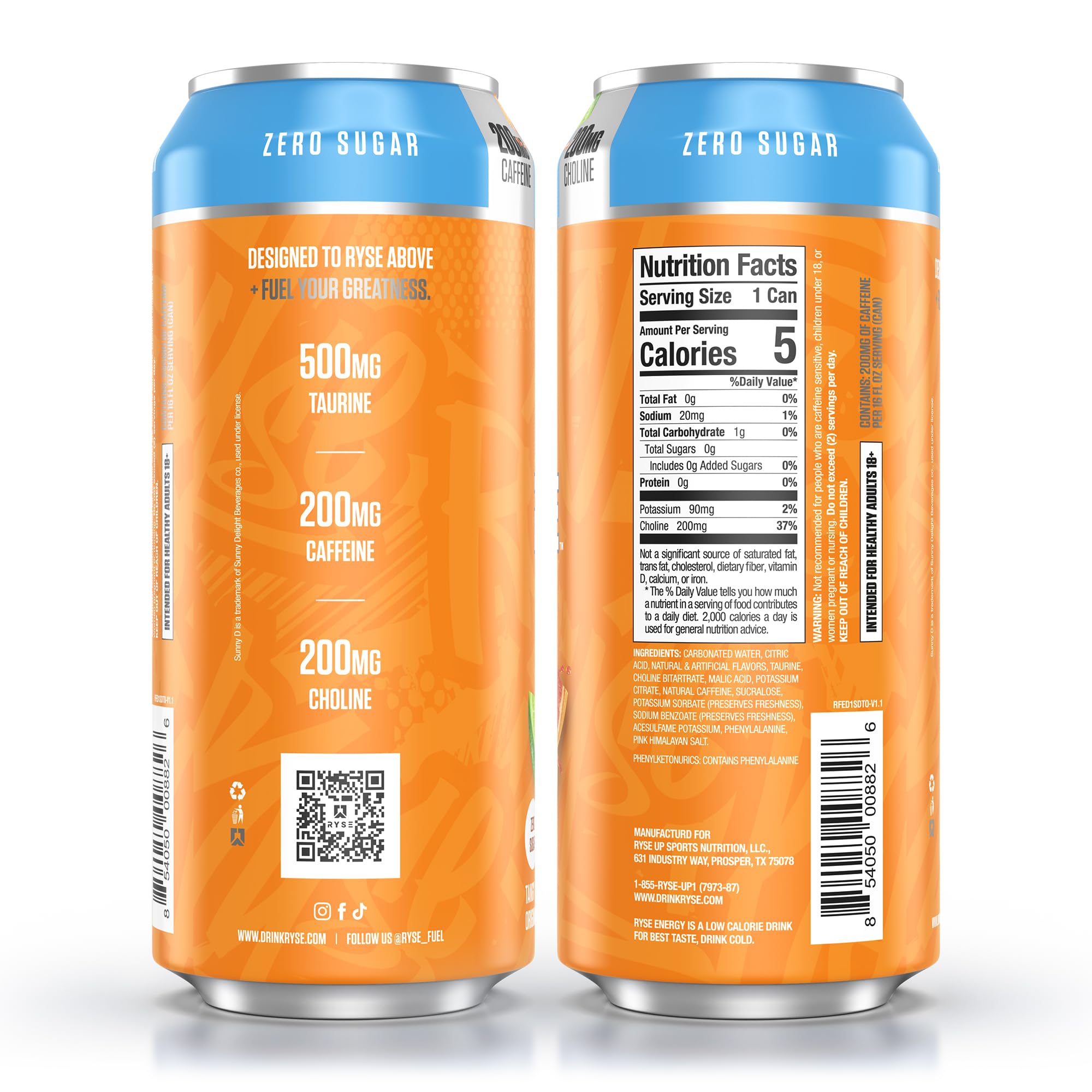 RYSE Fuel SunnyD Tangy Original ingredients panel emphasizes zero calories and vegan formula
