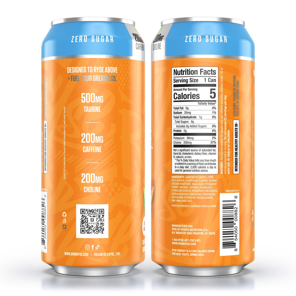 RYSE Fuel SunnyD Tangy Original ingredients panel emphasizes zero calories and vegan formula
