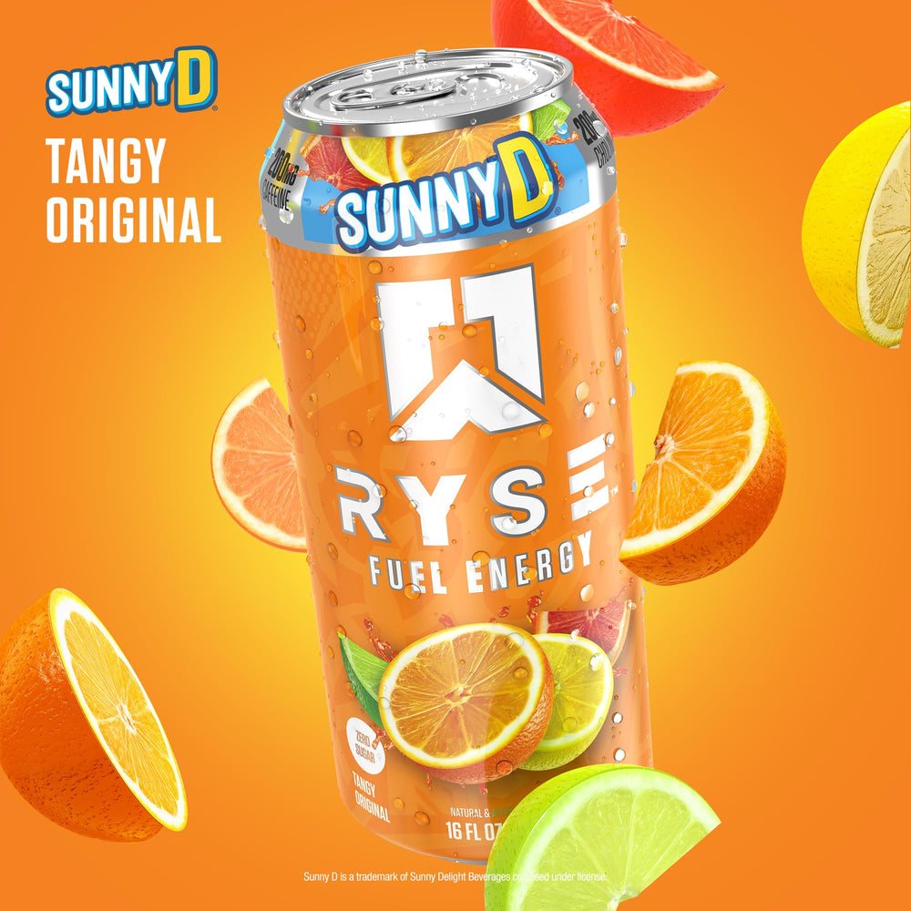 RYSE Fuel SunnyD Tangy Original label highlights vegan, gluten-free, and zero sugar features