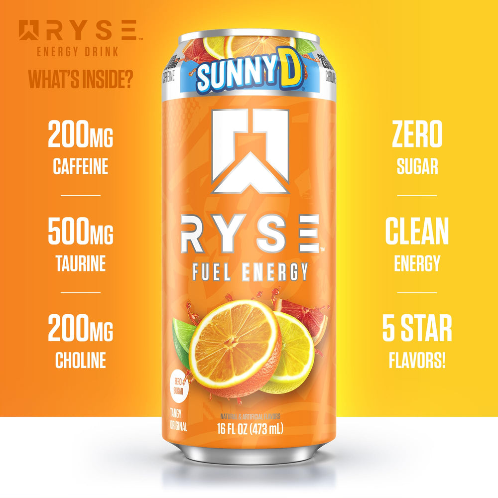 Bright packaging of RYSE Fuel SunnyD Tangy Original with authentic flavor promise