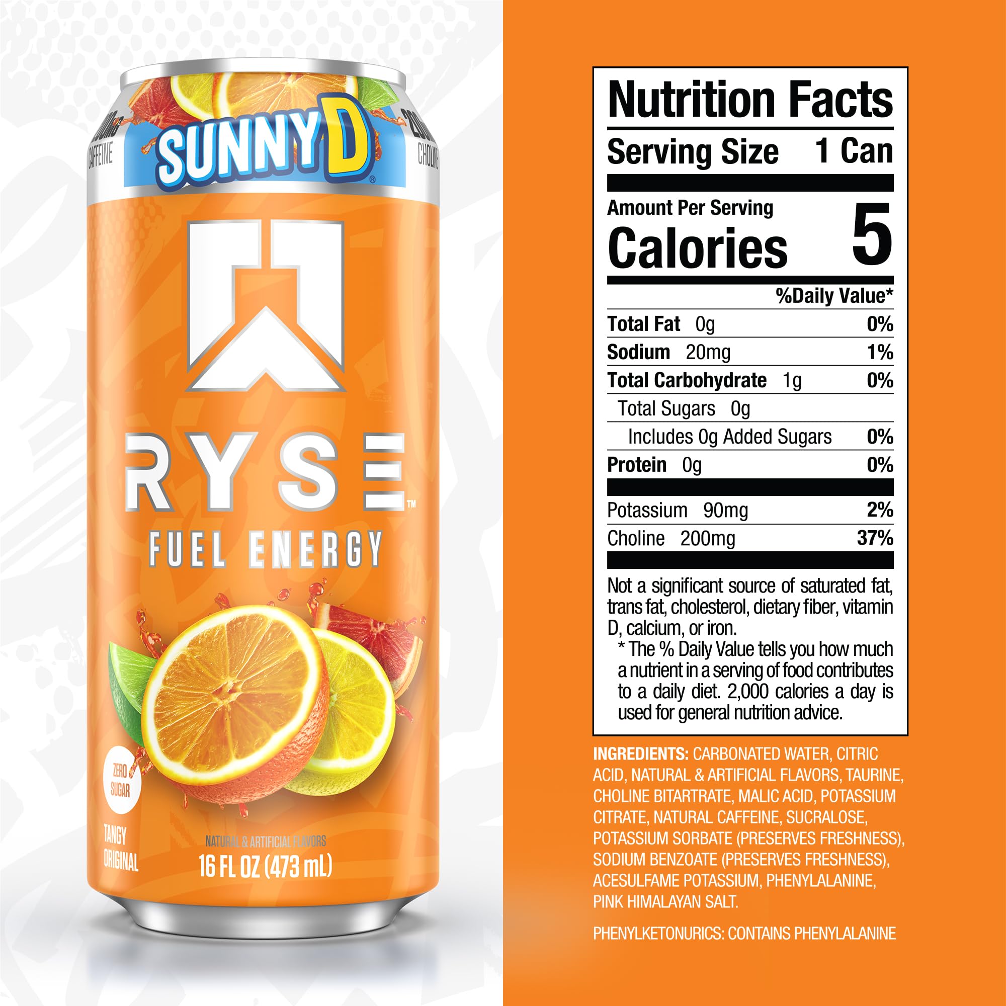 RYSE Fuel SunnyD Tangy Original pour showing bright citrus flavor