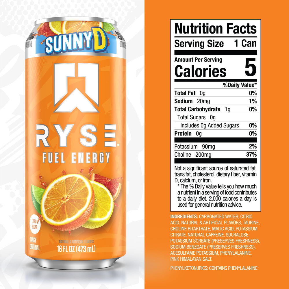 RYSE Fuel SunnyD Tangy Original pour showing bright citrus flavor