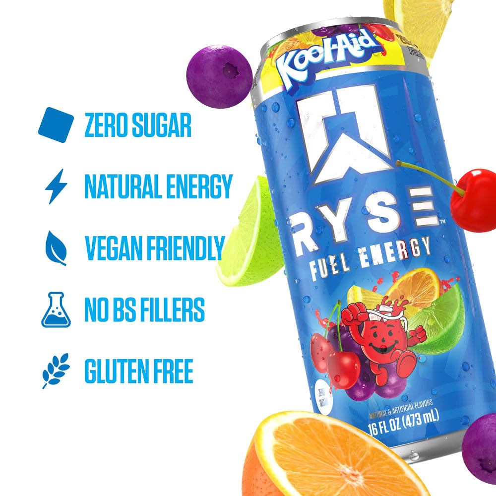 RYSE Fuel nutrition panel emphasizing caffeine and zero calories for clean energy