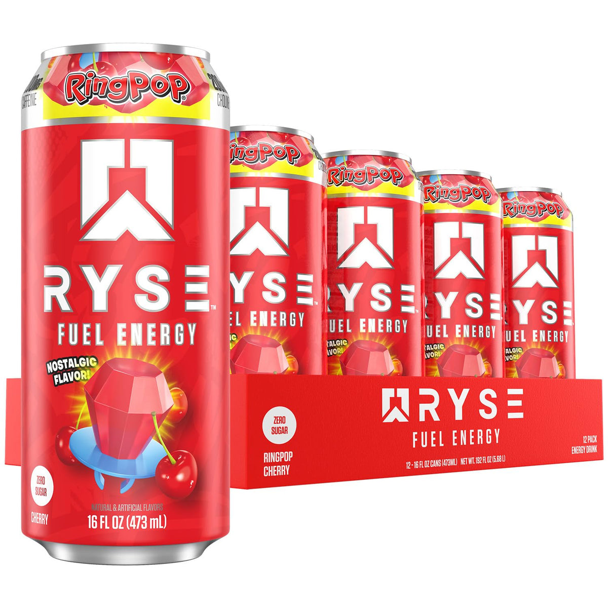RYSE Fuel Ring Pop Cherry can close-up, offering clean energy for focus.