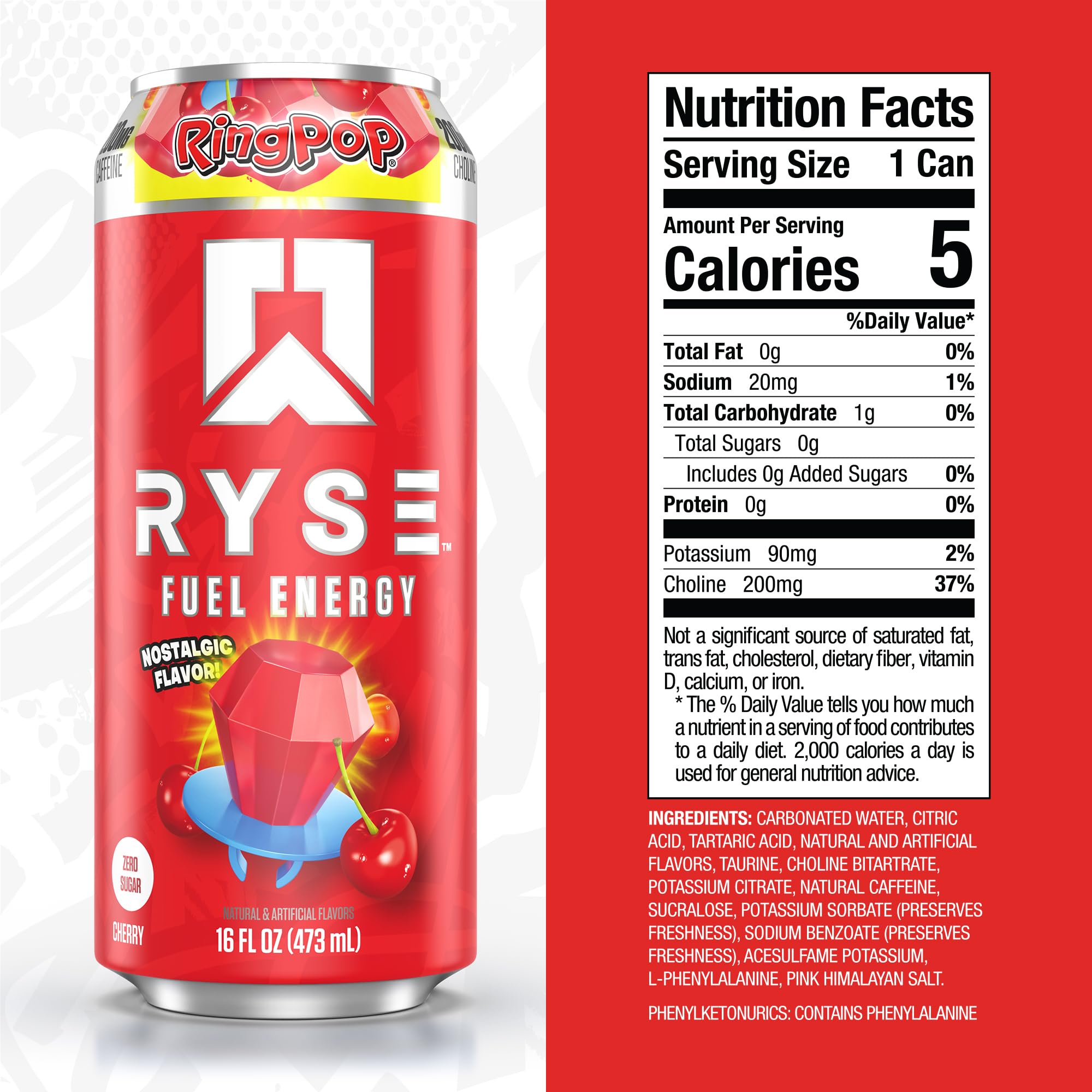 RYSE Fuel Ring Pop Cherry label close-up, highlighting zero sugar and vegan formula.